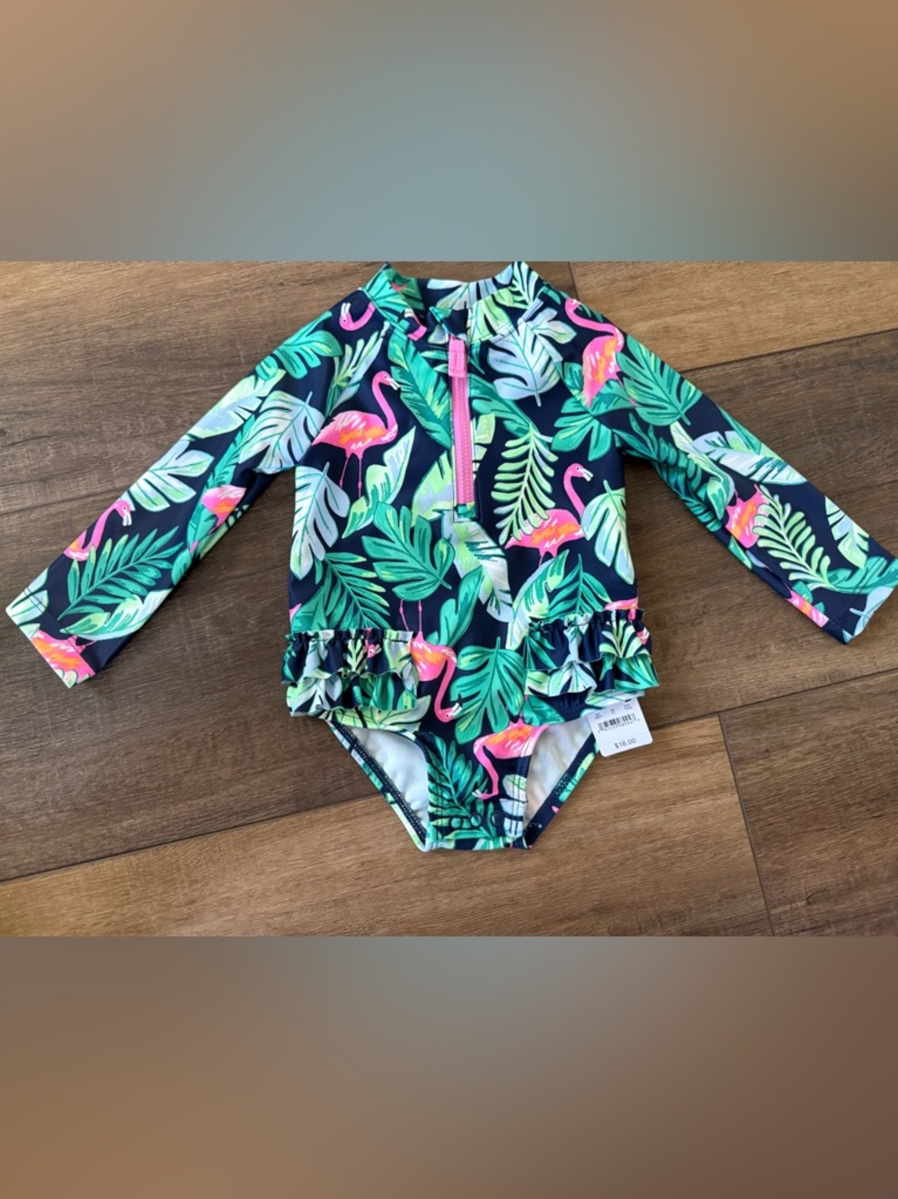 Carter's 12 month Long-Sleeve Flamingo One-Piece Swimsuit with Pink Zipper new